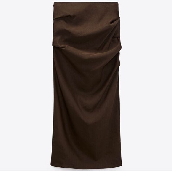 NWT Zara Limited Edition Linen Blend Draped High Waist Midaxi Skirt in Brown - Picture 6 of 13